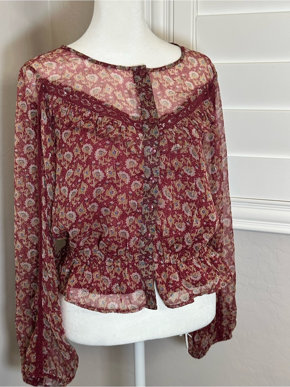 Bundle 4/$25 American Eagle Outfitters Burgundy Floral Sheer Button-Front Blouse